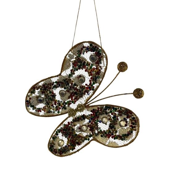 Vintage Gold Beaded Butterfly Christmas Ornament Mesh Hanging - Picture 3 of 15